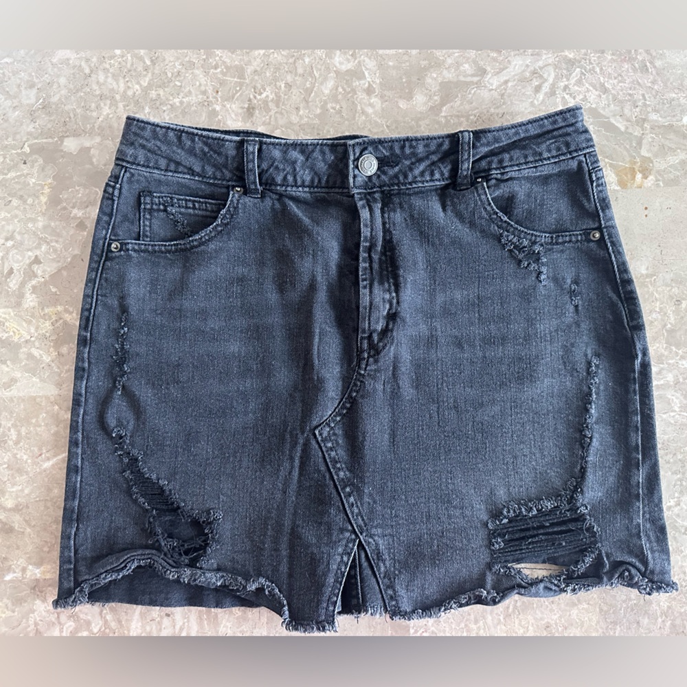 Distressed Black Denim Skirt